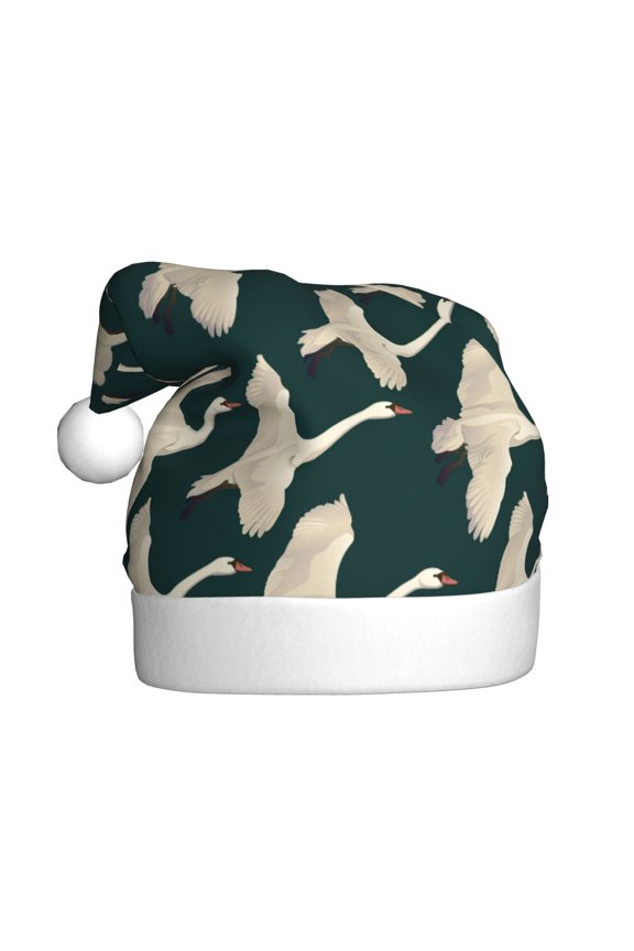 Flying Swans Pattern Santa Hat Christmas Hats for Adults, Holiday Unisex Velvet Comfort Xmas Hat for Women Men