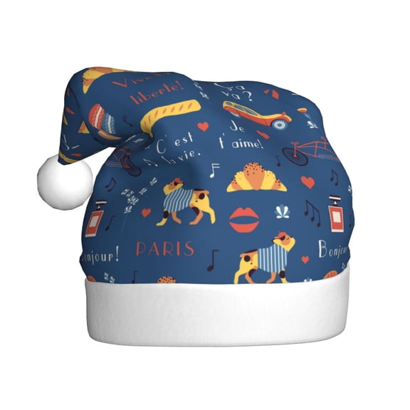 Kowoue French Bulldog Dog In Beret Pattern Santa Hat Christmas Hats for Adults, Holiday Unisex Velvet Comfort Xmas Hat for Women Men