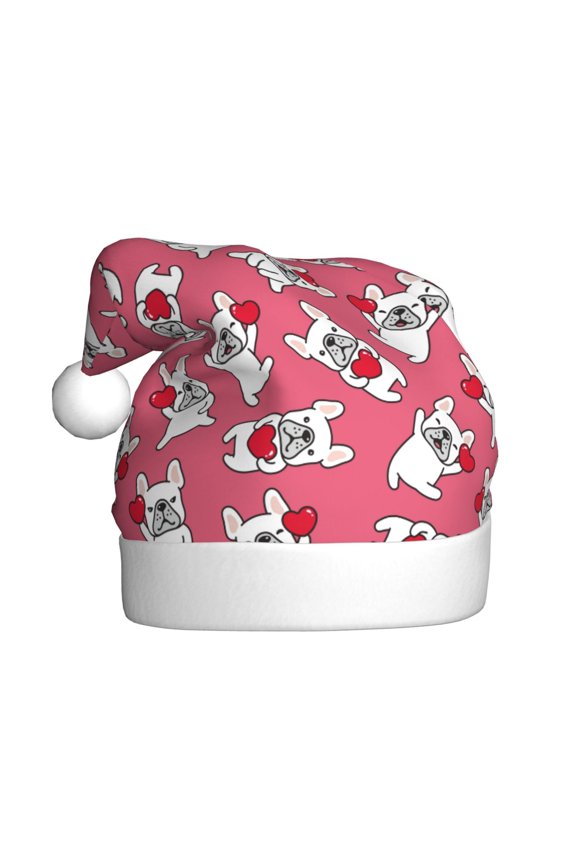 French Bulldog Pattern Santa Hat Christmas Hats for Adults, Holiday Unisex Velvet Comfort Xmas Hat for Women Men