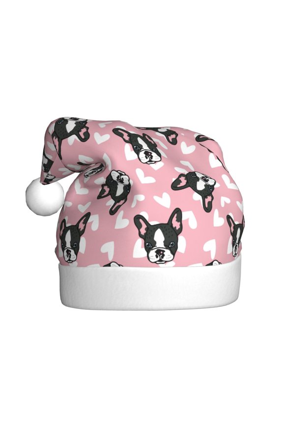French Bulldog Pattern Santa Hat Christmas Hats for Adults, Holiday Unisex Velvet Comfort Xmas Hat for Women Men