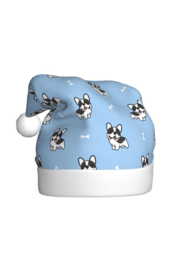 French Bulldog Puppy Pattern Santa Hat Christmas Hats for Adults, Holiday Unisex Velvet Comfort Xmas Hat for Women Men