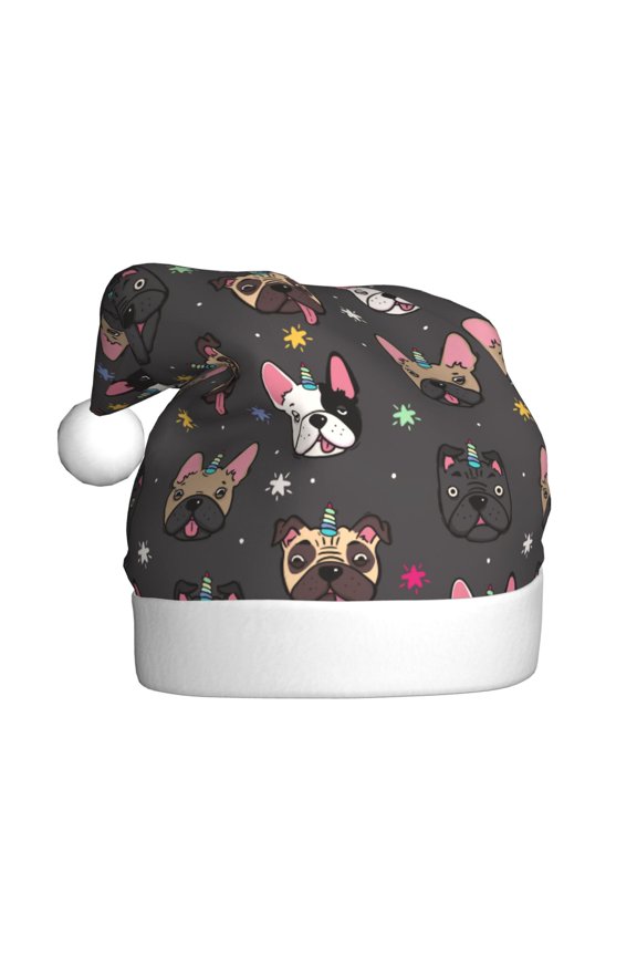 French Bulldogs Pattern Santa Hat Christmas Hats for Adults, Holiday Unisex Velvet Comfort Xmas Hat for Women Men
