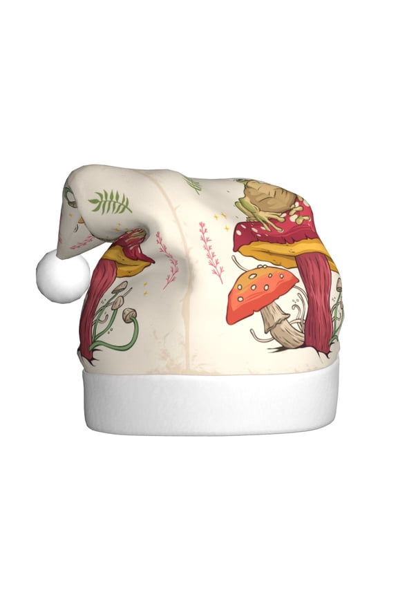 Frog Sitting On Mushroom Pattern Santa Hat Christmas Hats for Adults, Holiday Unisex Velvet Comfort Xmas Hat for Women Men