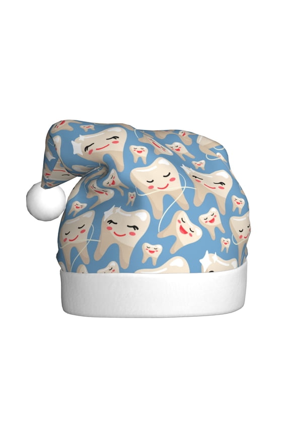Funny Cute Healthy Teeth Pattern Santa Hat Christmas Hats for Adults, Holiday Unisex Velvet Comfort Xmas Hat for Women Men
