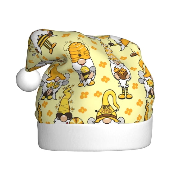 Kowoue Garden Honeybee Gnomes Pattern Santa Hat Christmas Hats for Adults, Holiday Unisex Velvet Comfort Xmas Hat for Women Men