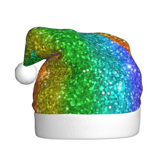 Kowoue Glitter Rainbow Pattern Santa Hat Christmas Hats for Adults, Holiday Unisex Velvet Comfort Xmas Hat for Women Men