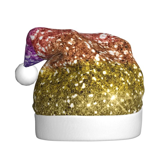 Kowoue Glitter Rainbow Pattern Santa Hat Christmas Hats for Adults, Holiday Unisex Velvet Comfort Xmas Hat for Women Men