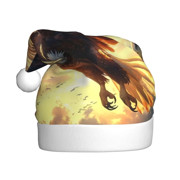 Kowoue Golden Sky Bald Eagle Pattern Santa Hat Christmas Hats for Adults, Holiday Unisex Velvet Comfort Xmas Hat for Women Men