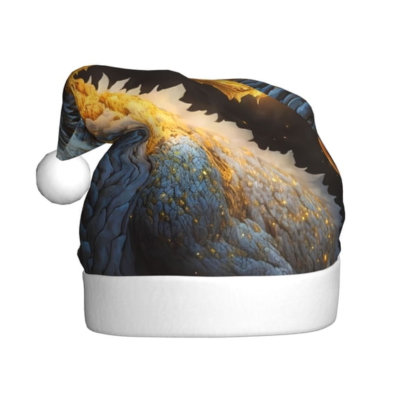 Kowoue Golden White Fire Dragon Pattern Santa Hat Christmas Hats for Adults, Holiday Unisex Velvet Comfort Xmas Hat for Women Men