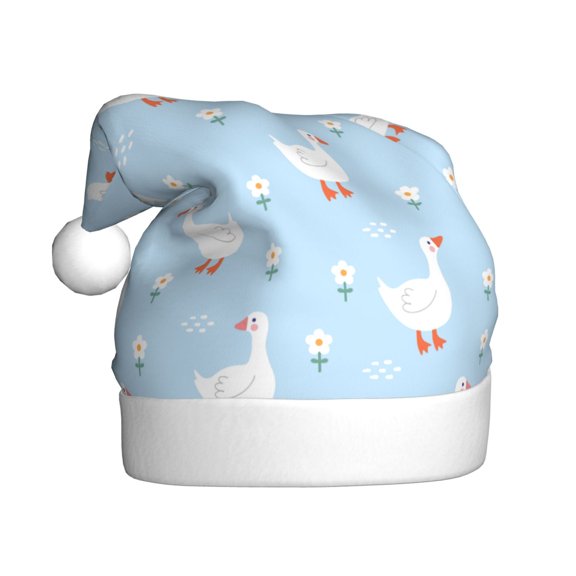 Kowoue Goose White Flowers Pattern Santa Hat Christmas Hats for Adults, Holiday Unisex Velvet Comfort Xmas Hat for Women Men