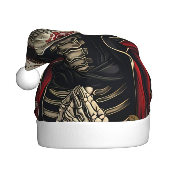 Kowoue Gothic Skull With Roses Pattern Santa Hat Christmas Hats for Adults, Holiday Unisex Velvet Comfort Xmas Hat for Women Men