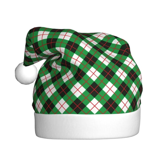 Kowoue Green Argyle Plaid Pattern Santa Hat Christmas Hats for Adults, Holiday Unisex Velvet Comfort Xmas Hat for Women Men