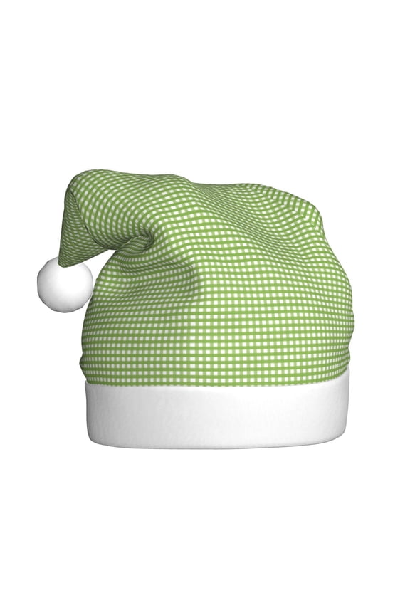 Green Gingham Pattern Santa Hat Christmas Hats for Adults, Holiday Unisex Velvet Comfort Xmas Hat for Women Men
