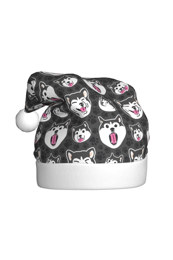 HUSKY Face Pattern Santa Hat Christmas Hats for Adults, Holiday Unisex Velvet Comfort Xmas Hat for Women Men