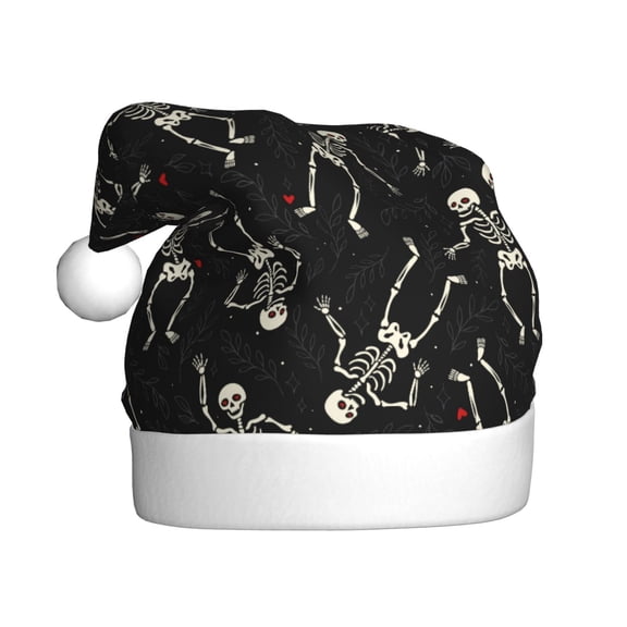 Kowoue Happy Skeletons Dancing Pattern Santa Hat Christmas Hats for Adults, Holiday Unisex Velvet Comfort Xmas Hat for Women Men