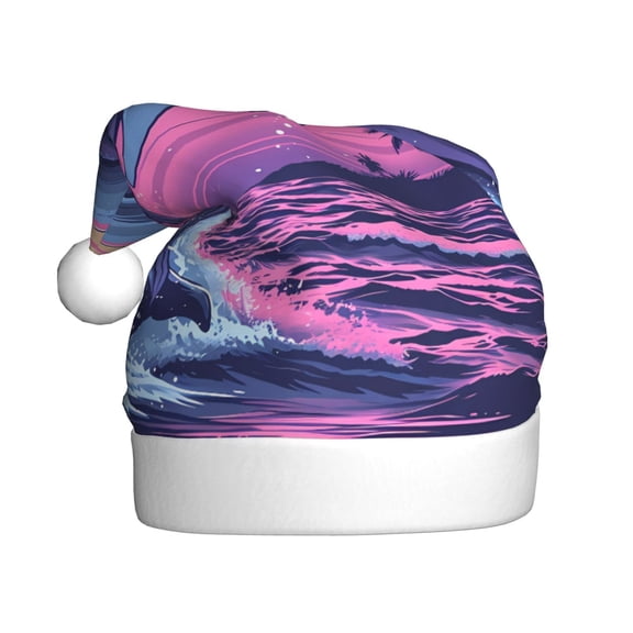 Kowoue Hawaiian Beach Dolphin Pattern Santa Hat Christmas Hats for Adults, Holiday Unisex Velvet Comfort Xmas Hat for Women Men