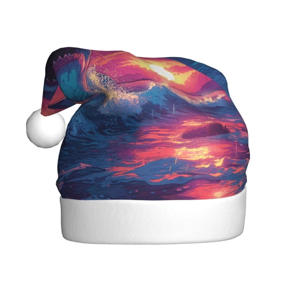 Kowoue Hawaiian Island Beach Shark Pattern Santa Hat Christmas Hats for Adults, Holiday Unisex Velvet Comfort Xmas Hat for Women Men