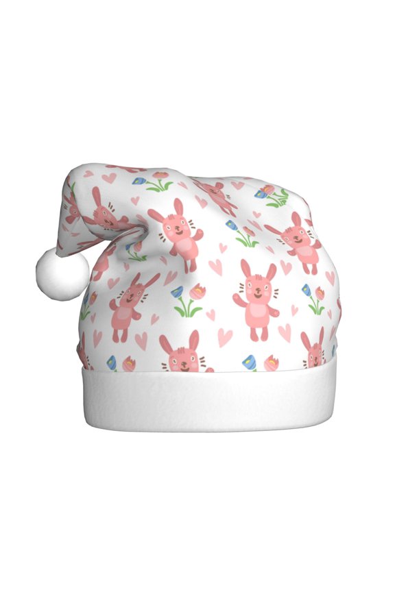 Hello Rabbit Pattern Santa Hat Christmas Hats for Adults, Holiday Unisex Velvet Comfort Xmas Hat for Women Men