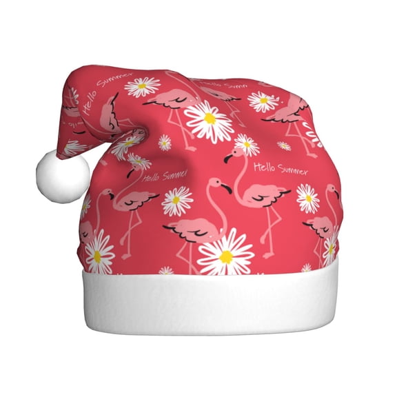 Kowoue Hello Summer Flamingo Pattern Santa Hat Christmas Hats for Adults, Holiday Unisex Velvet Comfort Xmas Hat for Women Men