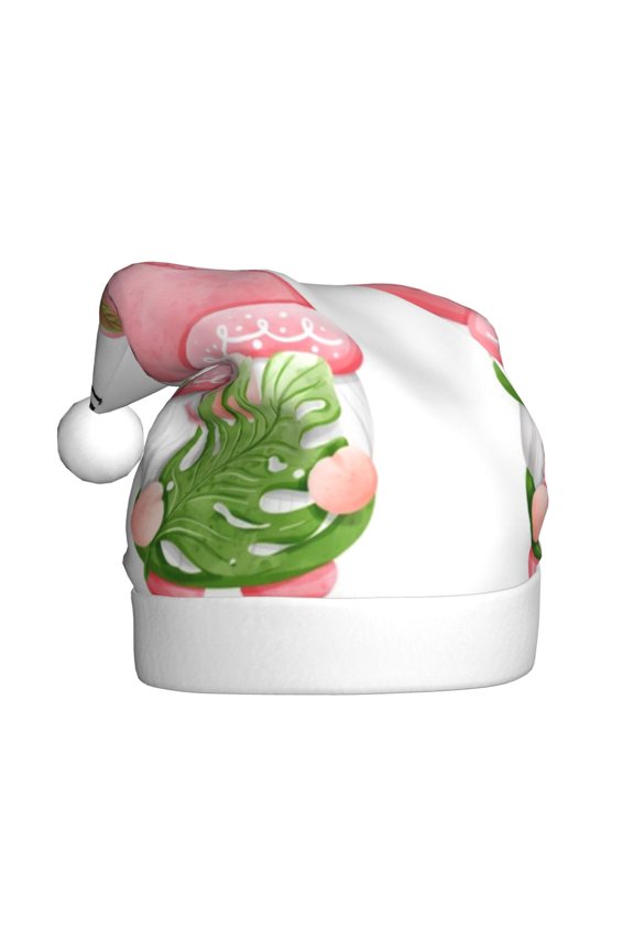 Hello Summer Gnome Pattern Santa Hat Christmas Hats for Adults, Holiday Unisex Velvet Comfort Xmas Hat for Women Men