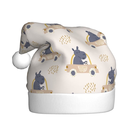 Kowoue Hippos Driving A Car Pattern Santa Hat Christmas Hats for Adults, Holiday Unisex Velvet Comfort Xmas Hat for Women Men