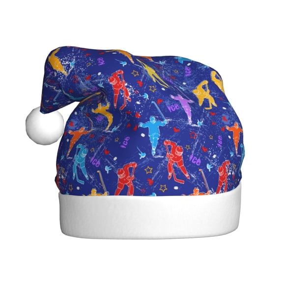 Kowoue Ice Hockey Players With Puck Pattern Santa Hat Christmas Hats for Adults, Holiday Unisex Velvet Comfort Xmas Hat for Women Men