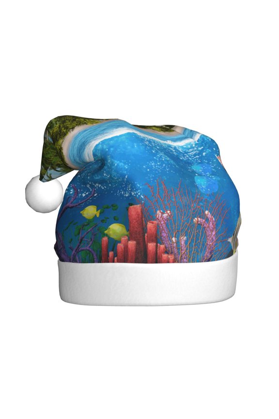 Island And Coral Reef Pattern Santa Hat Christmas Hats for Adults, Holiday Unisex Velvet Comfort Xmas Hat for Women Men
