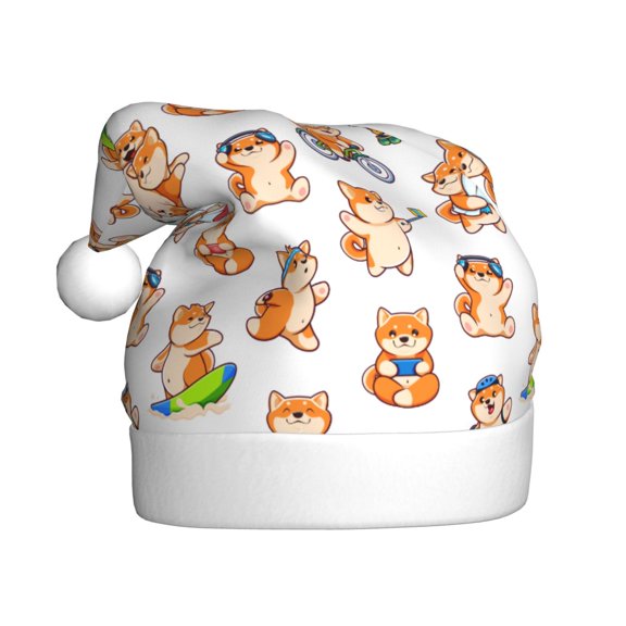 Kowoue Kawaii Shiba Dog Pattern Santa Hat Christmas Hats for Adults, Holiday Unisex Velvet Comfort Xmas Hat for Women Men