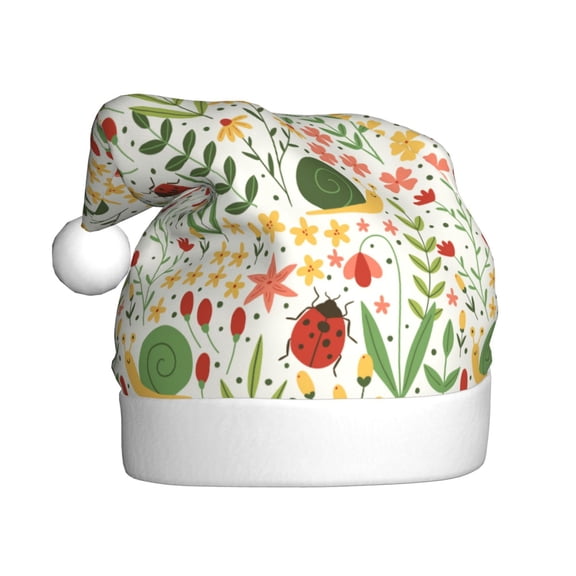 Kowoue Ladybug And Wild Flowers Pattern Santa Hat Christmas Hats for Adults, Holiday Unisex Velvet Comfort Xmas Hat for Women Men