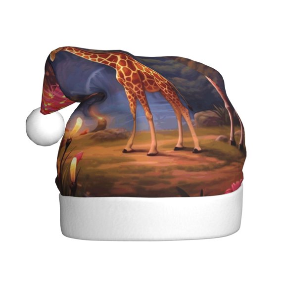 Kowoue Lantern Giraffes Magical Forest Pattern Santa Hat Christmas Hats for Adults, Holiday Unisex Velvet Comfort Xmas Hat for Women Men
