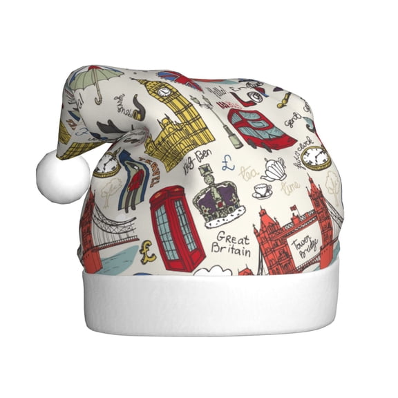 Kowoue London Landmark1 Pattern Santa Hat Christmas Hats for Adults, Holiday Unisex Velvet Comfort Xmas Hat for Women Men