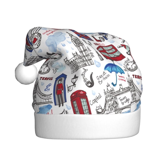 Kowoue London Landmark2 Pattern Santa Hat Christmas Hats for Adults, Holiday Unisex Velvet Comfort Xmas Hat for Women Men