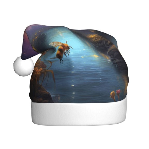 Kowoue Magical Bees Twilight River Pattern Santa Hat Christmas Hats for Adults, Holiday Unisex Velvet Comfort Xmas Hat for Women Men
