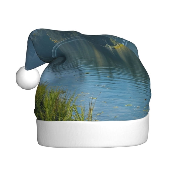 Kowoue Majestic Deer Mountain Lake Pattern Santa Hat Christmas Hats for Adults, Holiday Unisex Velvet Comfort Xmas Hat for Women Men