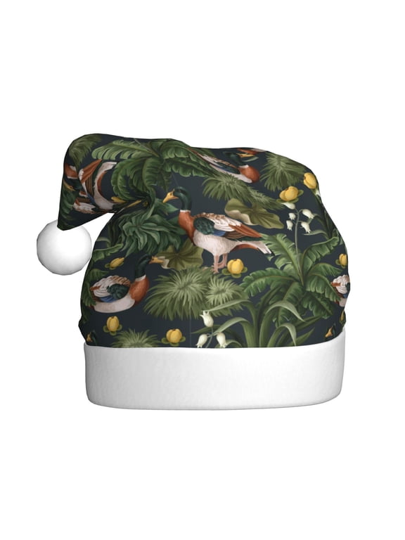 Mallard Ducks And Water Pattern Santa Hat Christmas Hats for Adults, Holiday Unisex Velvet Comfort Xmas Hat for Women Men