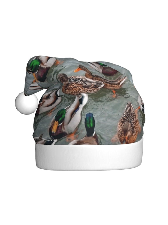 Mallard Ducks Swimming Pattern Santa Hat Christmas Hats for Adults, Holiday Unisex Velvet Comfort Xmas Hat for Women Men