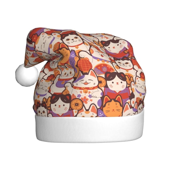 Kowoue Maneki-Neko Cats Pattern Santa Hat Christmas Hats for Adults, Holiday Unisex Velvet Comfort Xmas Hat for Women Men