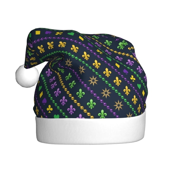 Kowoue Mardi Gras Strings of Beads Pattern Santa Hat Christmas Hats for Adults, Holiday Unisex Velvet Comfort Xmas Hat for Women Men