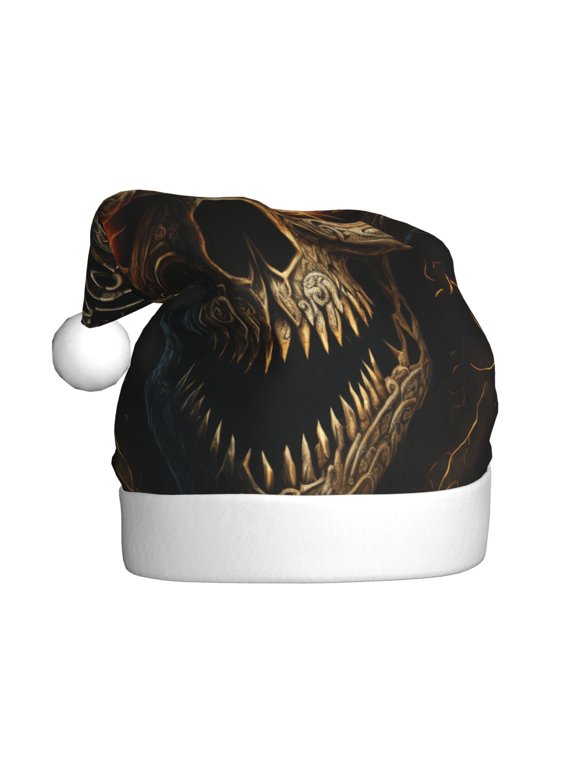 Metal Evil Skull Pattern Santa Hat Christmas Hats for Adults, Holiday Unisex Velvet Comfort Xmas Hat for Women Men