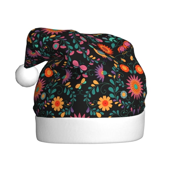Kowoue Mexican Flower And Birds Pattern Santa Hat Christmas Hats for Adults, Holiday Unisex Velvet Comfort Xmas Hat for Women Men