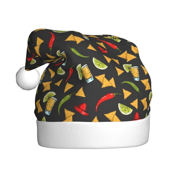 Kowoue Mexican Food Beer Pattern Santa Hat Christmas Hats for Adults, Holiday Unisex Velvet Comfort Xmas Hat for Women Men