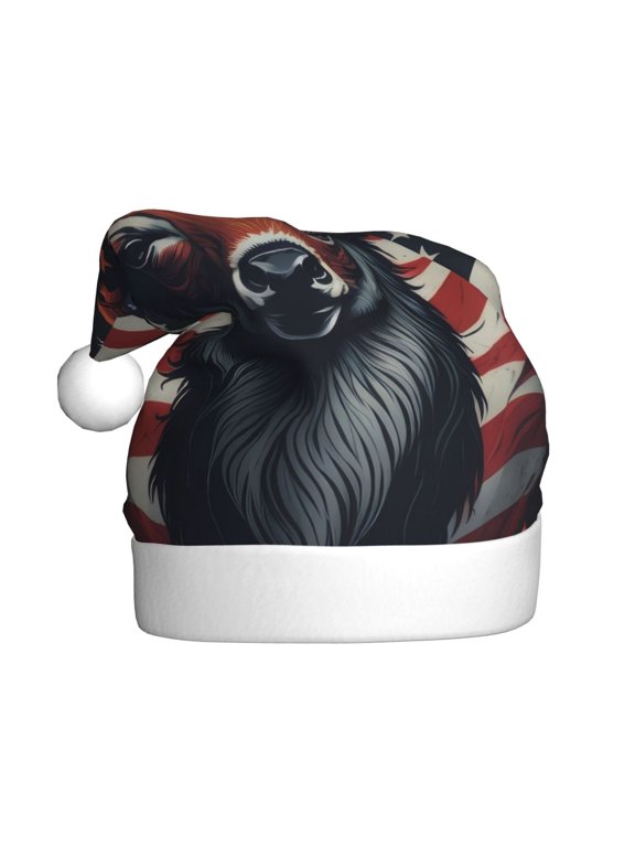 Modern USA Deer Head Pattern Santa Hat Christmas Hats for Adults, Holiday Unisex Velvet Comfort Xmas Hat for Women Men