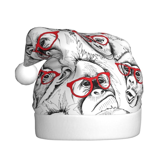 Kowoue Monkey Pattern Santa Hat Christmas Hats for Adults, Holiday Unisex Velvet Comfort Xmas Hat for Women Men