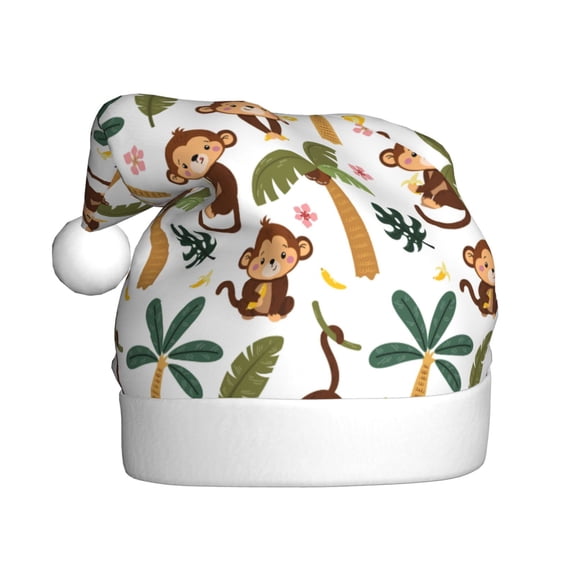 Kowoue Monkeys Swinging from Palms Pattern Santa Hat Christmas Hats for Adults, Holiday Unisex Velvet Comfort Xmas Hat for Women Men