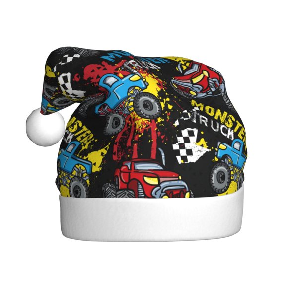 Kowoue Monster Car Pattern Santa Hat Christmas Hats for Adults, Holiday Unisex Velvet Comfort Xmas Hat for Women Men