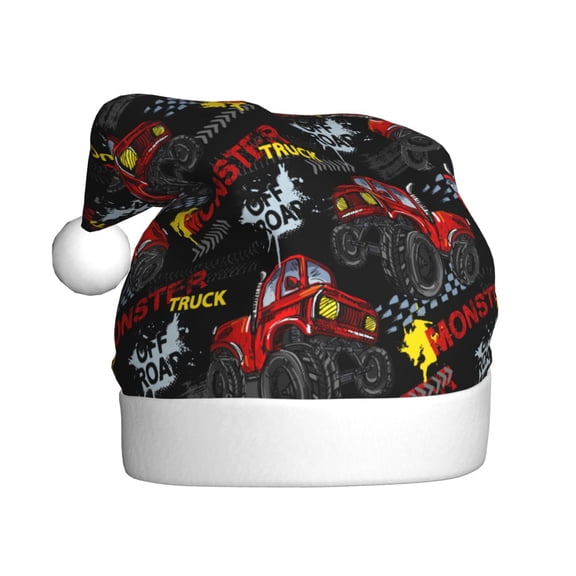 Kowoue Monster Truck Pattern Santa Hat Christmas Hats for Adults, Holiday Unisex Velvet Comfort Xmas Hat for Women Men