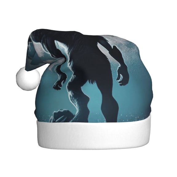 Kowoue Moon Wolf Warrior Pattern Santa Hat Christmas Hats for Adults, Holiday Unisex Velvet Comfort Xmas Hat for Women Men