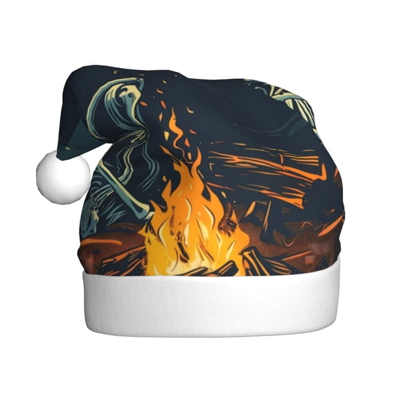 Kowoue Moonlit Skeleton Campfire Pattern Santa Hat Christmas Hats for Adults, Holiday Unisex Velvet Comfort Xmas Hat for Women Men