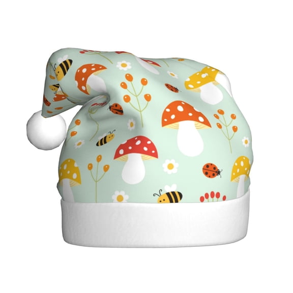 Kowoue Mushroom Bee Pattern Santa Hat Christmas Hats for Adults, Holiday Unisex Velvet Comfort Xmas Hat for Women Men