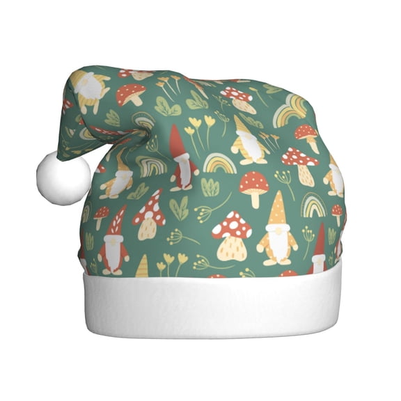 Kowoue Mushrooms Gnome Pattern Santa Hat Christmas Hats for Adults, Holiday Unisex Velvet Comfort Xmas Hat for Women Men